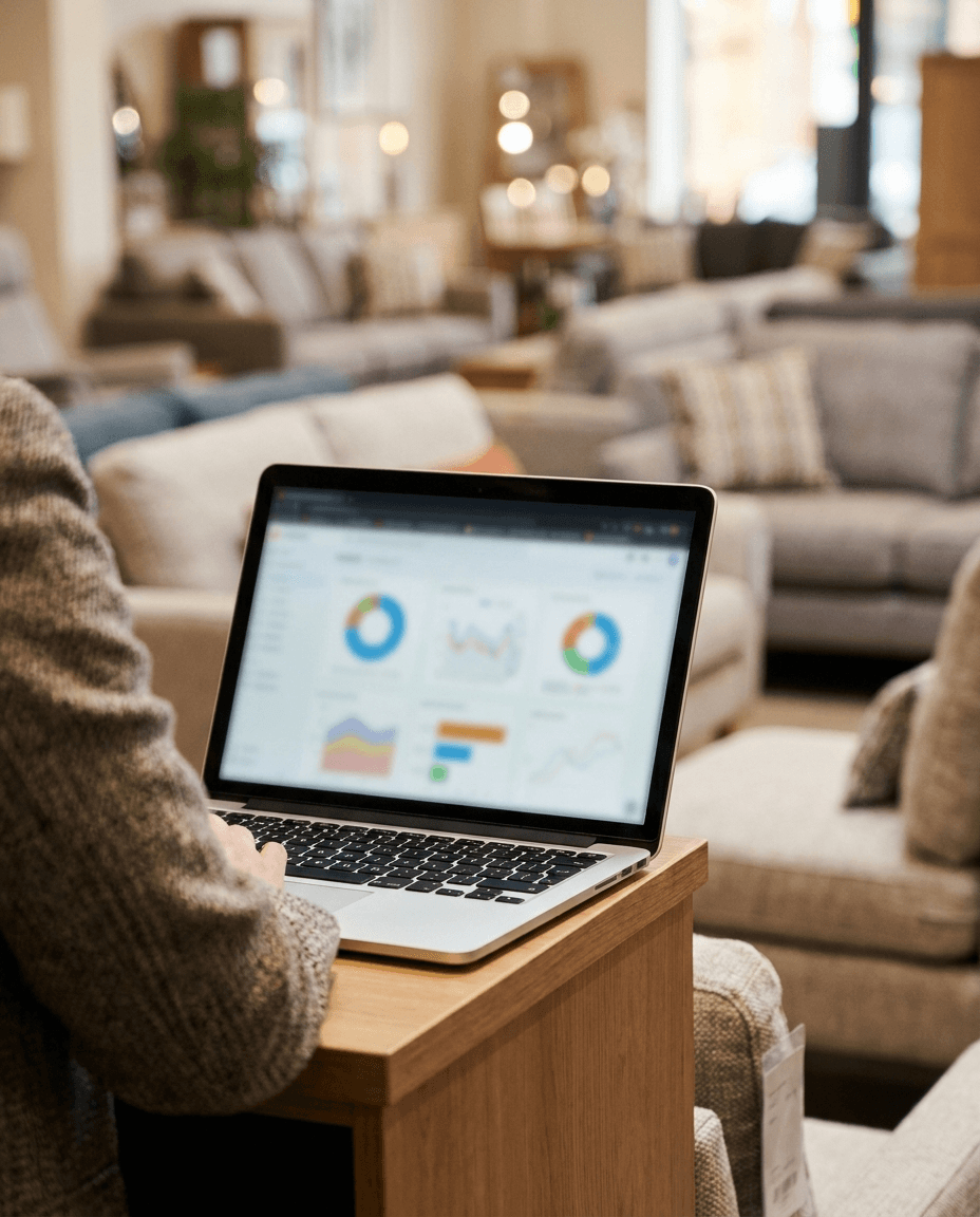 Laptop showing sales dashboards on a furniture showroom floor