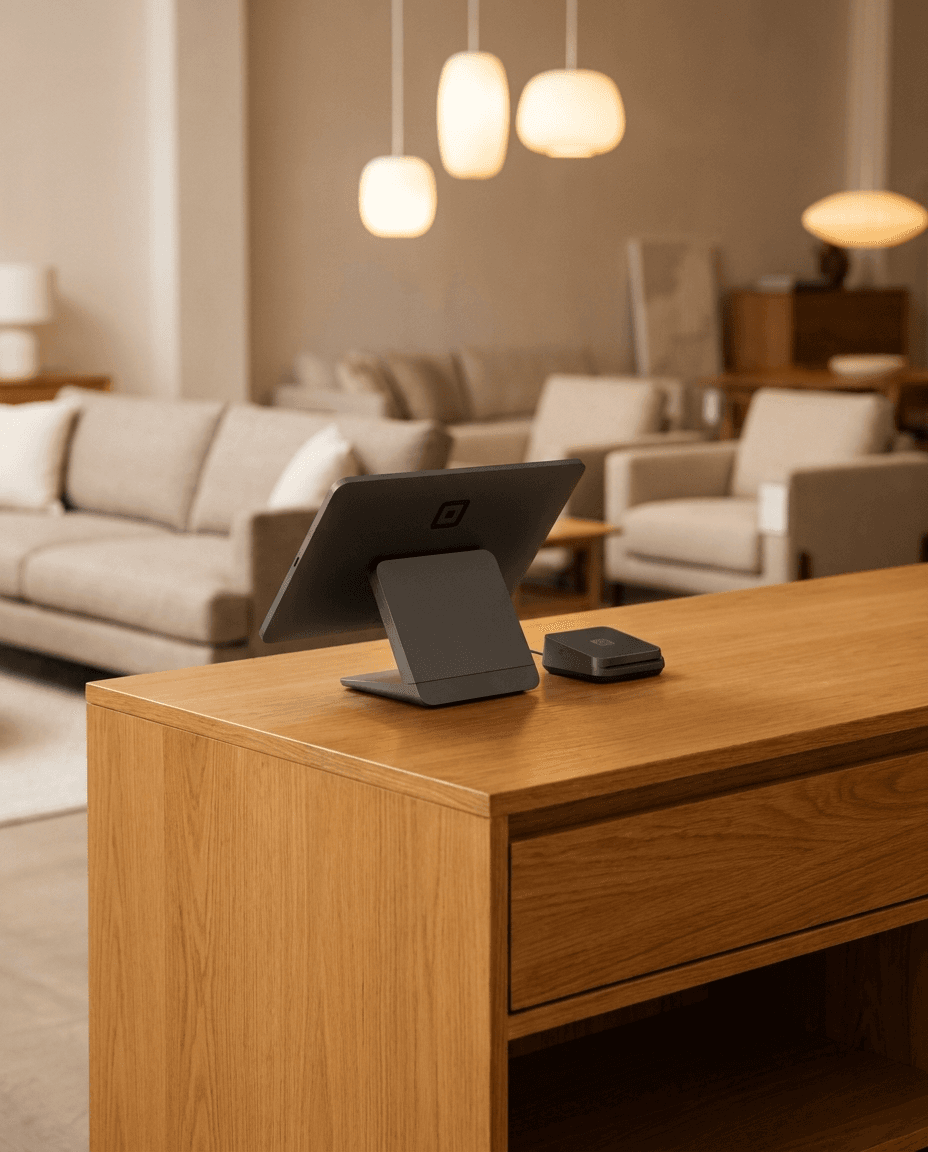 Tablet register on a warm oak checkout counter