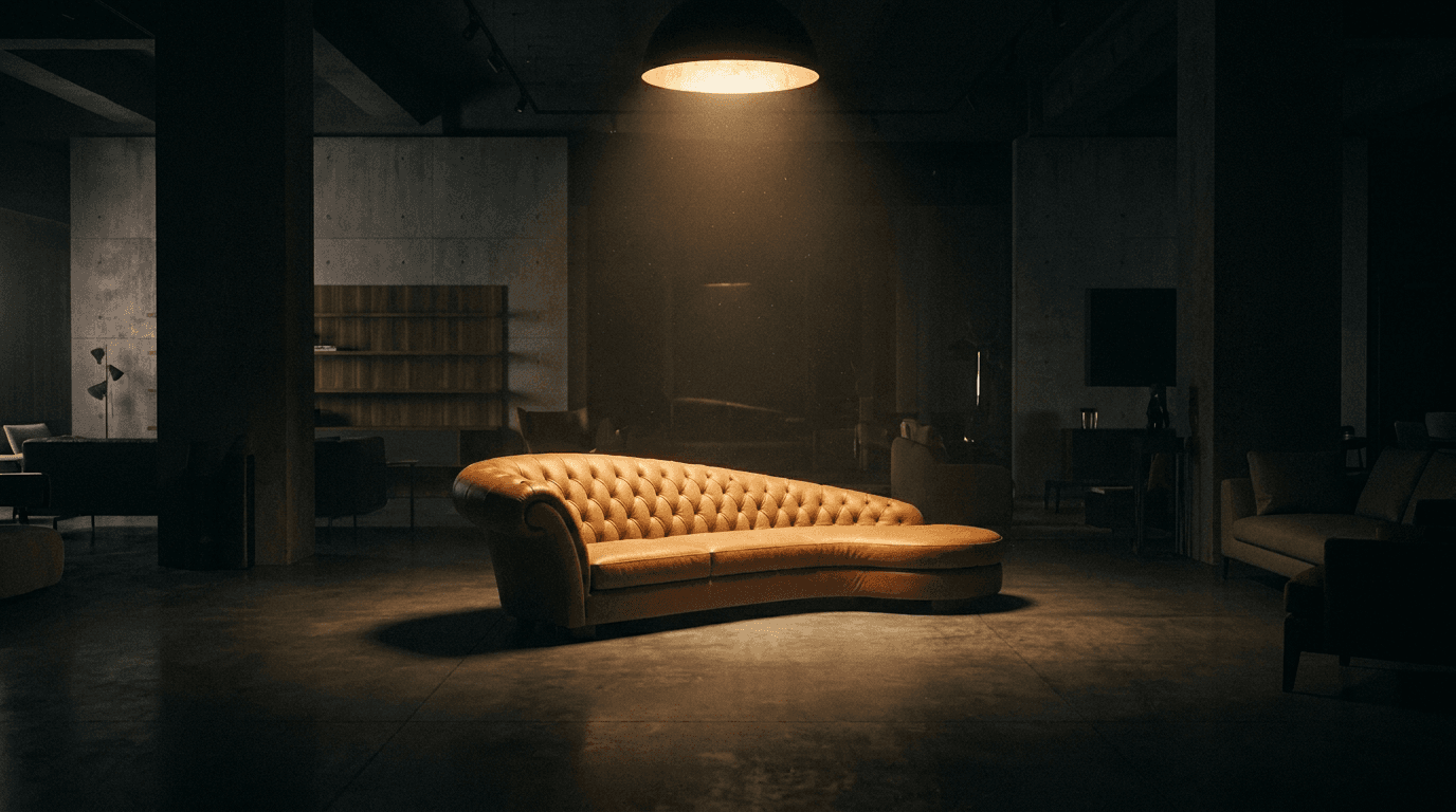 A tufted camel leather sofa under a single warm spotlight in a dark showroom