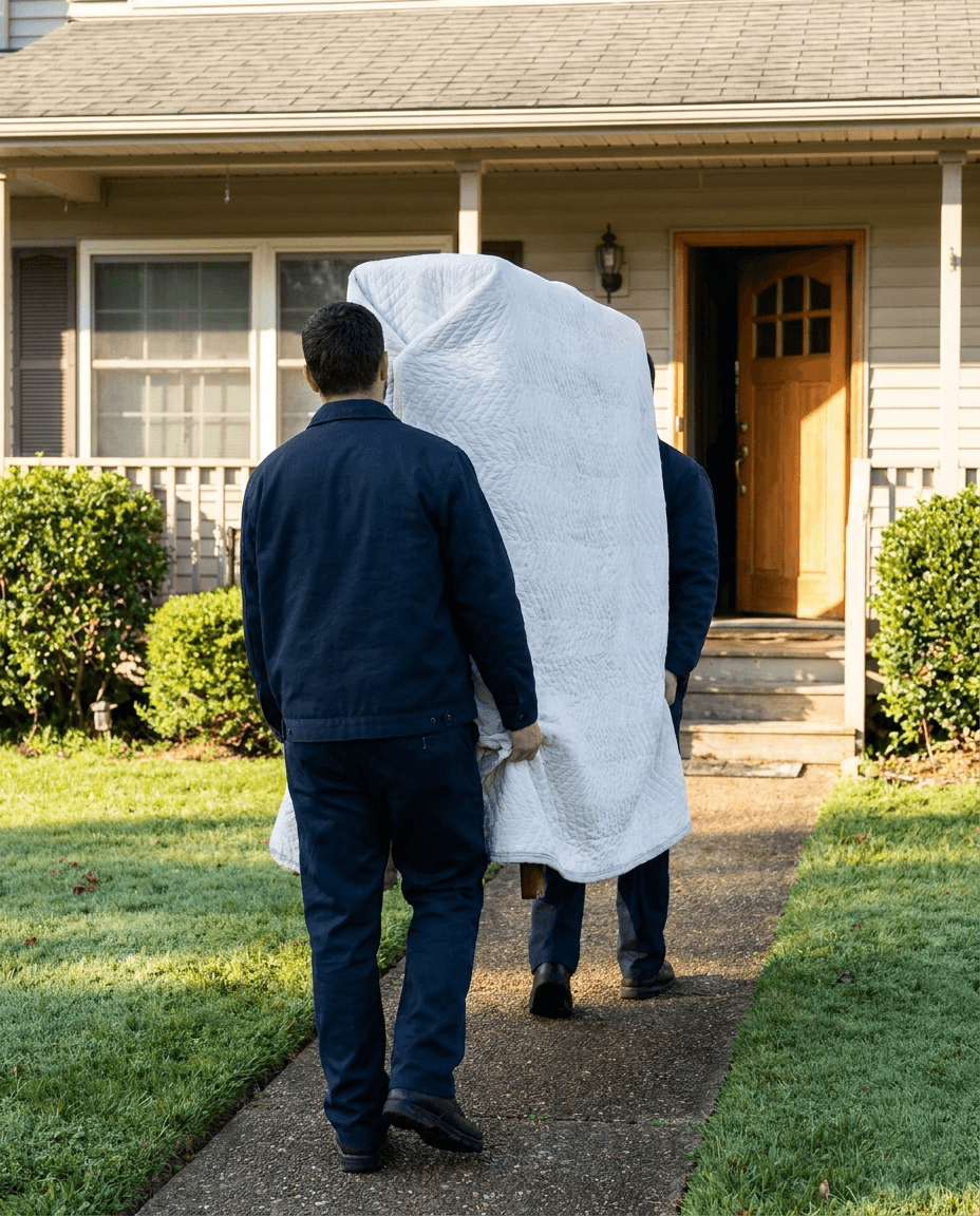 Delivery crew carrying a wrapped sofa to a front porch