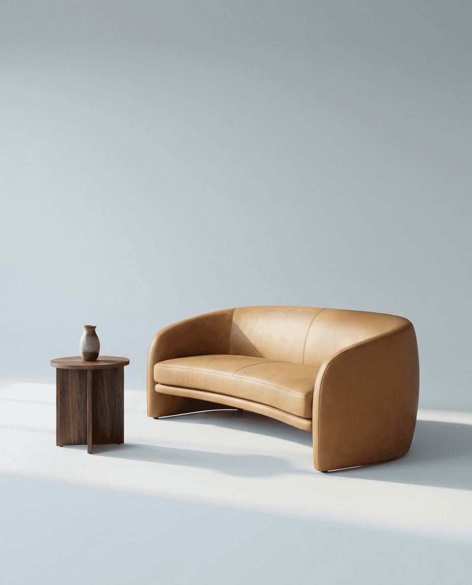 Camel leather sofa in a bright studio
