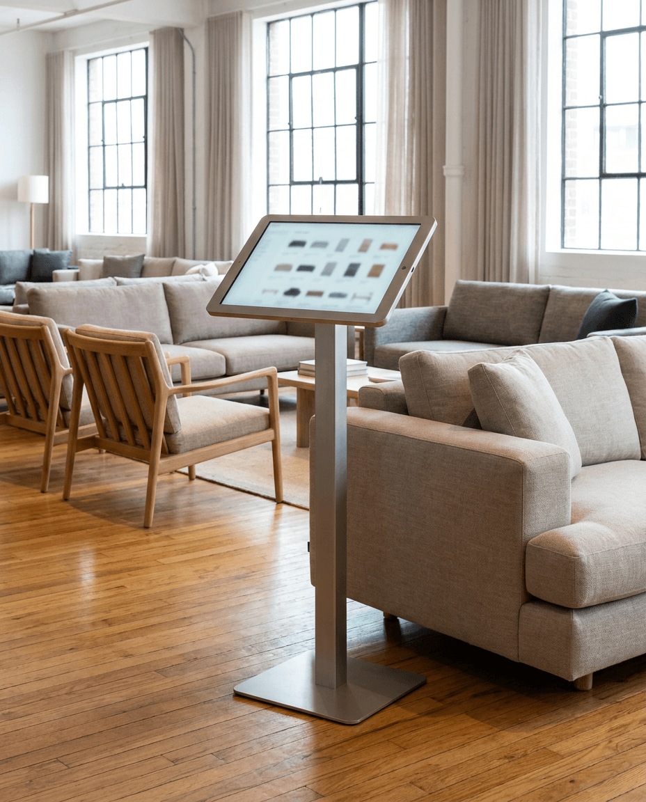 Tablet kiosk on a stand in a furniture showroom