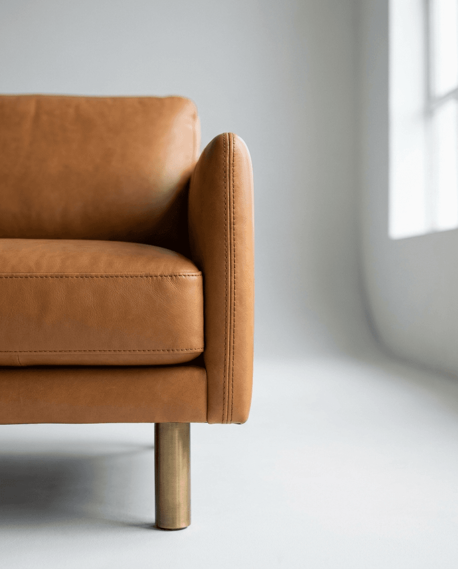 Close detail of a leather sofa arm with brass leg