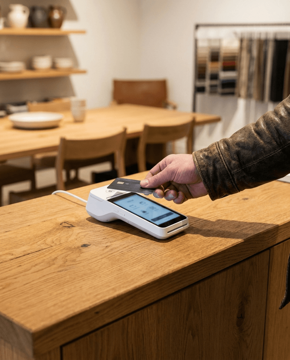 Customer tapping a card on a payment terminal at a furniture-store counter
