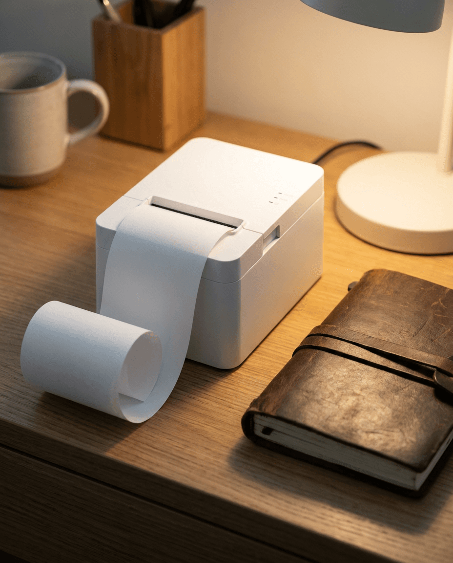 Receipt printer beside a leather ledger on a back-office desk