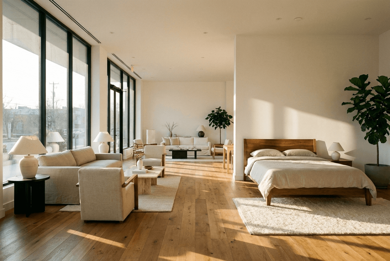 A bright furniture showroom with living-room and bedroom vignettes