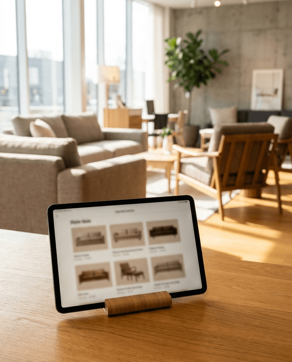 Tablet on a showroom table showing a furniture style quiz