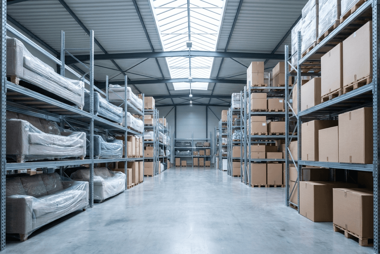 Wrapped sofas on racking in a clean furniture warehouse