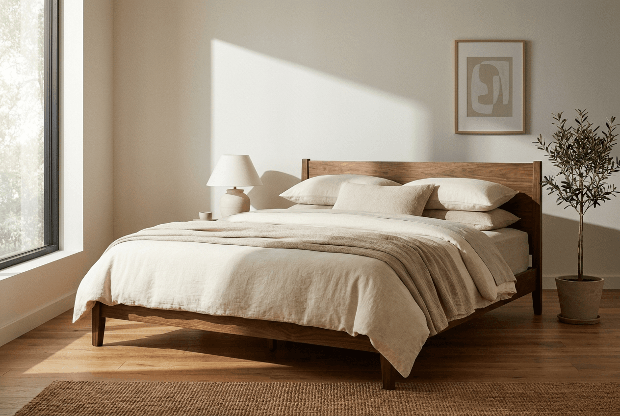 Walnut platform bed with layered linen bedding in a showroom